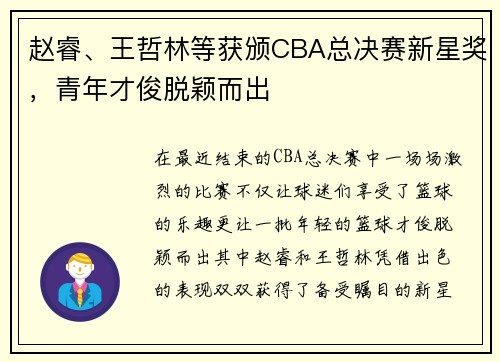 赵睿、王哲林等获颁CBA总决赛新星奖，青年才俊脱颖而出