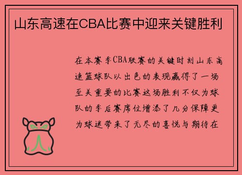 山东高速在CBA比赛中迎来关键胜利